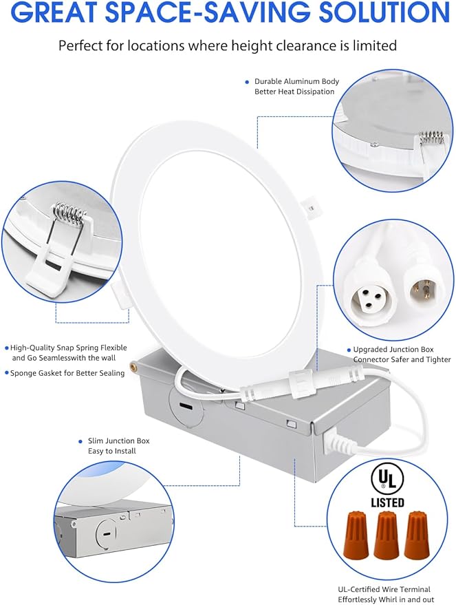 6 Inch Ultra-Thin LED Recessed Lighting with Junction Box, 5000K Daylight Canless Wafer Downlight, 12W=110W Eqv, Dimmable LED Ceiling Lights, 900LM, ETL Certified, 6 Pack
