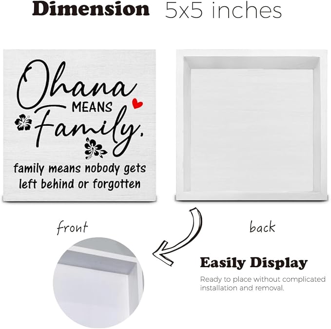 Family Signs for Home Decor, Farmhouse Ohana Means Family Wood Sign Home Living Room Hallway Bedroom Kitchen Desk Shelf Table Decoration 5 X 5 Inch