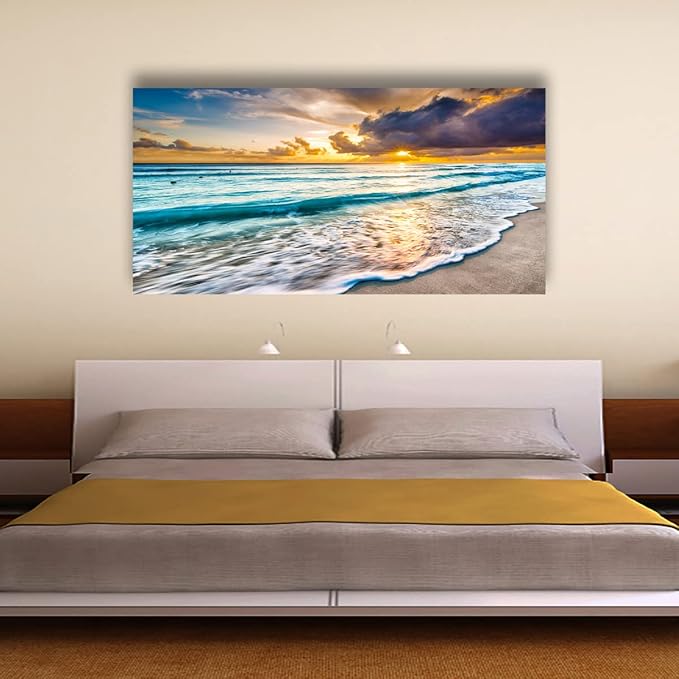 Beach Canvas Wall Art Seascape Theme Pictures Home Decor Blue Ocean White Wave Sunset Prints Paintings for Living Room Bathroom Bedroom Kitchen Office Decorations Natural Landscape Artwork 24x48inches