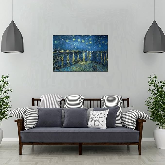 QBQT Starry Night Over the Rhone by Van Gogh Modern Bathroom Kitchen Decor Blue Artwork Abstract Landscape Picture Canvas Prints Wall Art for Home Office Decor 12x18inch Framed