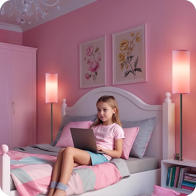 Dimmable Pink Floor Lamp for Living Room with Remote and Foot Switch, Corner Floor Lamp for Bedroom, 64.4" Standing Tall Lamp, 10W 900LM Bulb Included, 3000K-6500K, Linen Shade, FCC Listed P06LD05W1