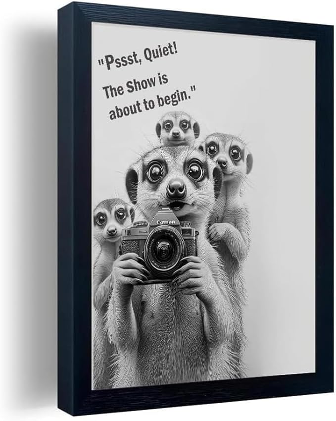 Orvannaatr Frame Bathroom Wall Art, Black and White Meerkat Canvas Wall Art Meerkat Painting with Camera - for Toilet Bathroom Animal Art 16"x 20"