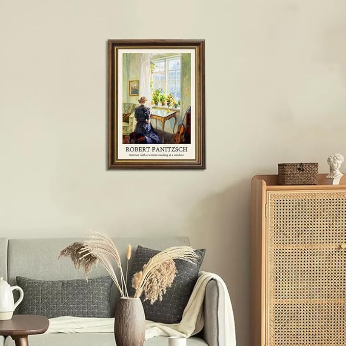Yihaca Vintage Women Wall Art, a Woman Reading at a Window Paintings Decor Aesthetic,Vintage Brown Framed Canvas Print Artwork, Retro Portrait Wall Pictures for Bedroom Living Room,12x16inch
