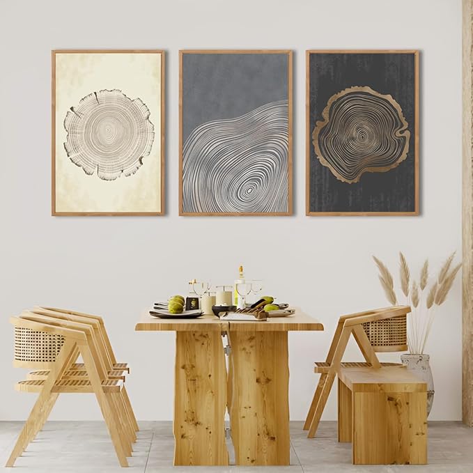 IARTTOP Large Framed Neutral Tree Ring Wall Art 16x24 Inch Set of 3 Modern Abstract Minimalist Wood Stump Wall Decor for Living Room Bedroom Office