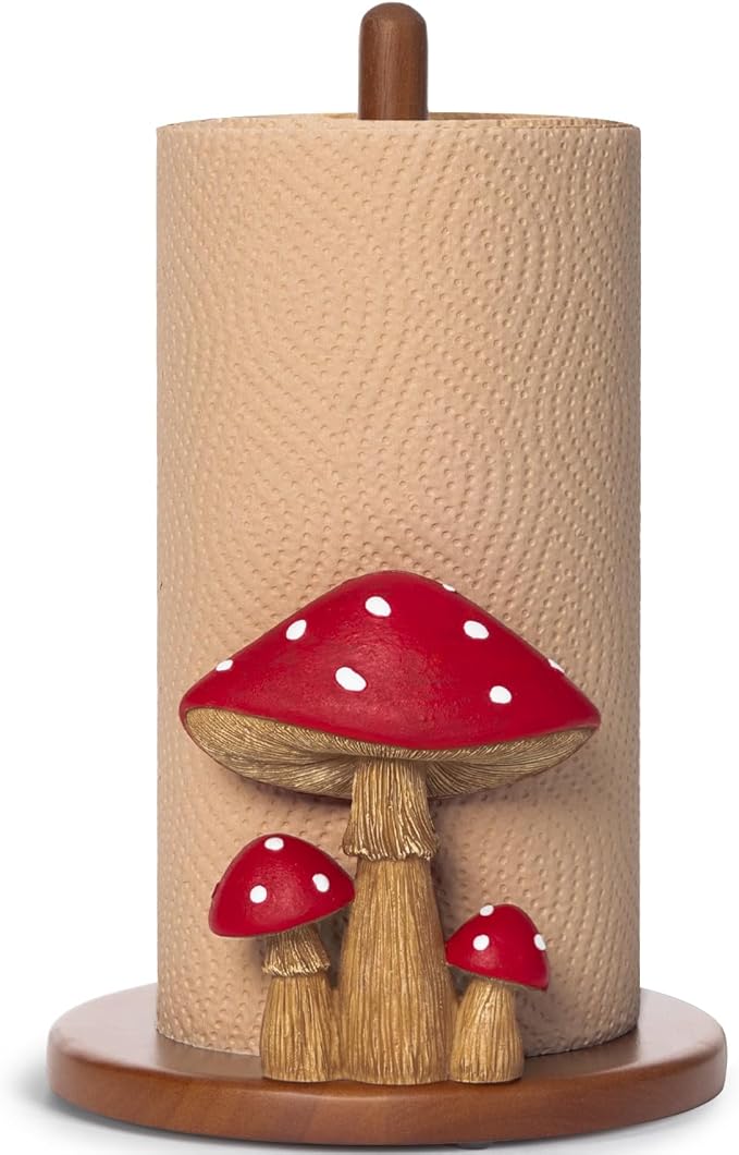 Mushroom Paper Towel Holder - Cottagecore Decor Mushroom Kitchen Home Cottagecore Accessories Cute Stuff, Unique Wood Paper Towel Holder Stand Kitchen Countertop 12.5×7 in
