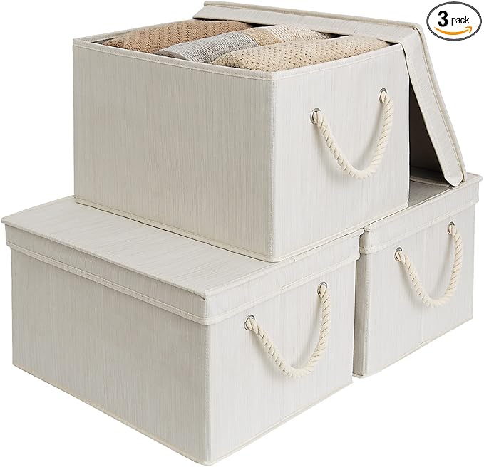 StorageWorks Storage Bins with Lids, Decorative Storage Boxes with Lid and Soft Rope Handles, Foldable Storage Baskets for Closet, Shelves, Stackable, 3-Pack, Ivory and White, Jumbo