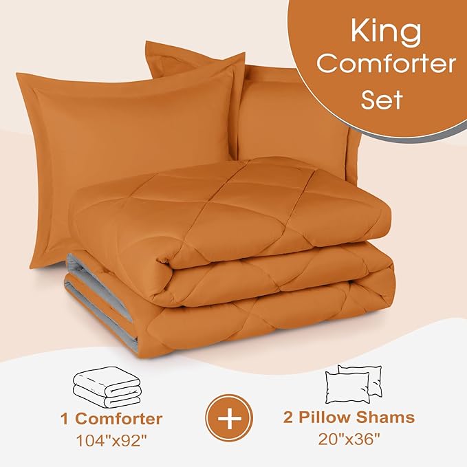 Beyond King Size Comforter - Burnt Orange Reversible Set for All Seasons, 104"x92" Comforter and 2 Pillow Shams (20"x36")