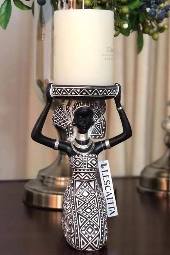 African Lady Figurine Candle Holder with African Tribal Totem for Wedding, Holiday Decor-African Decorative Women Statues, Candlestick Holder for Home and Table Decor(753-Brown)