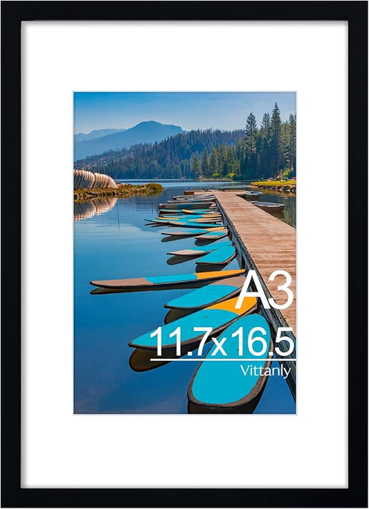 Vittanly A3 Picture Frame in Black, Display Poster 8.3x11.7 with Mat or 11.7x16.5 without Mat, Plexiglass, Wall Gallery Frame for Artwork, 1 Pack