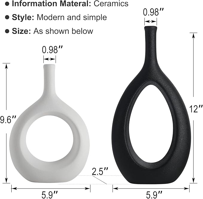Black and White Ceramic Hollow Elliptical Vase Set of 2 - Boho Circle Vase with Hole, for Modern Black and White Table Decor, Living Room Decor Shelf mid Century Modern Home Entrance Decorative vase