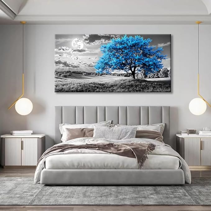 Blue Tree Canvas Wall Art - Modern landscape Paintings for Living Room, Bedroom Wall Decor, Framed Wall Art for Home or Office Decoration, Large Wall Art 20"x40"(50CMx100CM)
