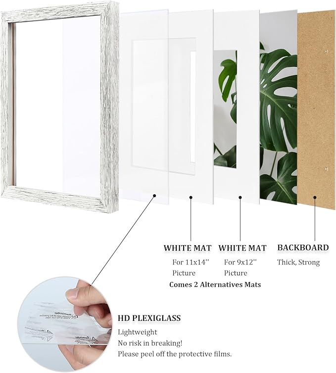 Egofine 12x16 Picture Frames Set of 4, Made of Solid Wood Covered by Plexiglass 9x12 and 11x14 with Mat or 12x16 without Mat, for Wall Mounting Photo Frame Driftwood White