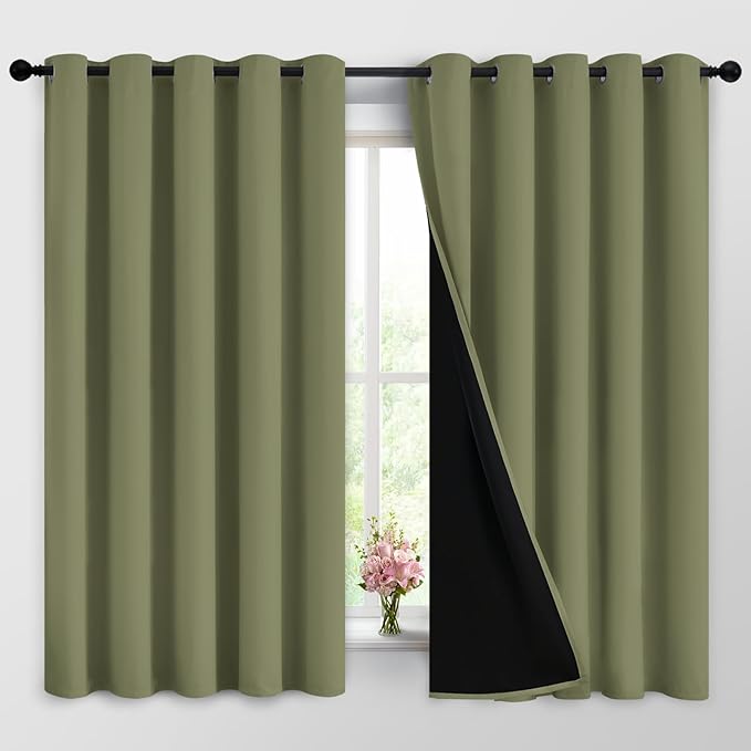 Yakamok 100% Blackout Window Curtain Panels, Heat and Full Light Blocking Drapes with Black Liner for Nursery,Thermal Insulated Draperies (Sage, 2 Pieces, 62Wx63L)