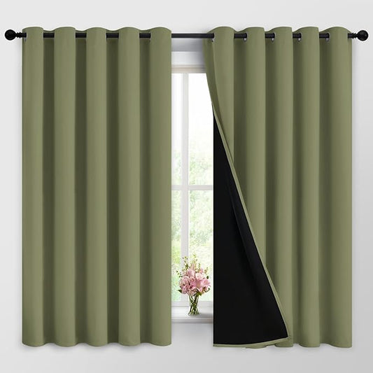 Yakamok 100% Blackout Window Curtain Panels, Heat and Full Light Blocking Drapes with Black Liner for Nursery,Thermal Insulated Draperies (Sage, 2 Pieces, 62Wx63L)