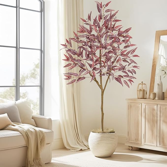 Briful 6ft Artificial Eucalyptus Tree in Black Pot, Realistic Silk Potted Floor Plant Eucalyptus Plant for Home Decor Indoor Outdoor Patio Office, Burgundy Leaf