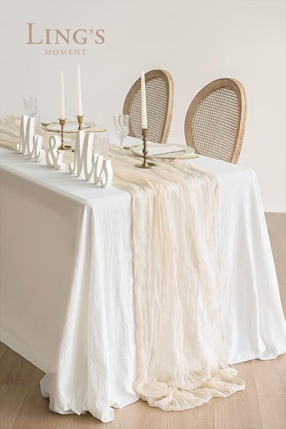 Ling's moment 10Ft Ivory Cheesecloth Table Runner Beige Cream White Table Runners Gauze Semi-Sheer Tablecloth for Wedding Party Bridal Shower Decor