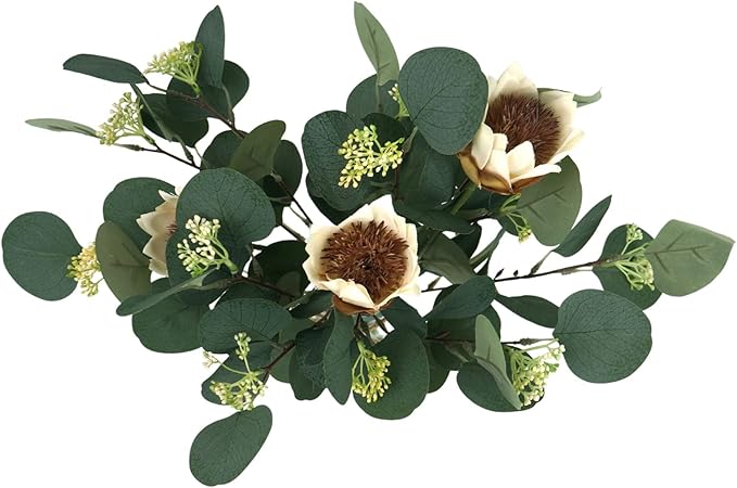 Artificial Eucalyptus Leaves in Glass Vase, 16.1" Eucalyptus Leaves Green Branches 7 Branches Faux Greenery Stems for Home Office Farmhouse Wedding Centerpiece Décor (White)