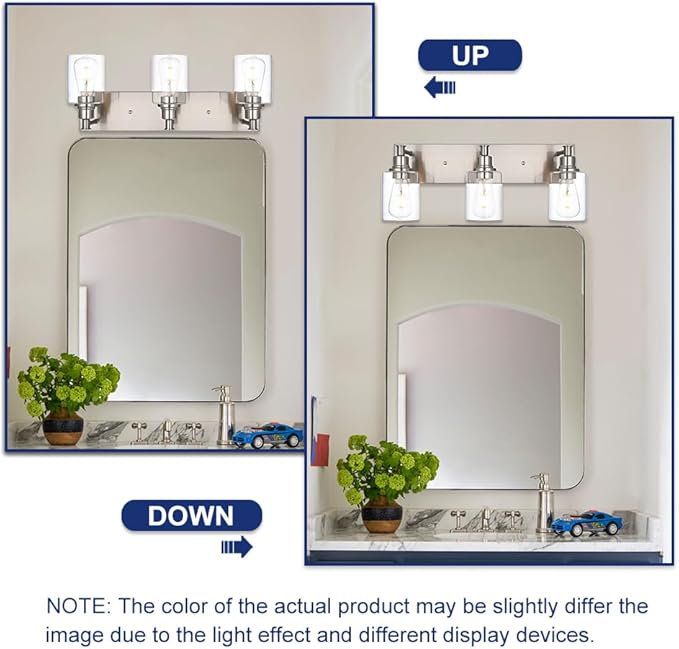 3-Lights Brushed Nickel Wall Sconce, Modern Bathroom Vanity Lights with Clear Glass Shades for Living Room Hallway Dress Table