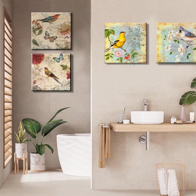 Flowers Birds Canvas Wall Art for Bedroom Floral Wall Decor Butterfly Picture Framed Artwork Vintage Prints Paintings for Bathroom Kitchen Decorations