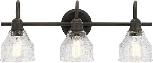 Kichler Avery 24" Vanity Bath Light in Olde Bronze®, Vintage 3-Light Bathroom Wall Mount Fixtured with Clear Seeded Glass, (24" W x 9.25" H), 45973OZ