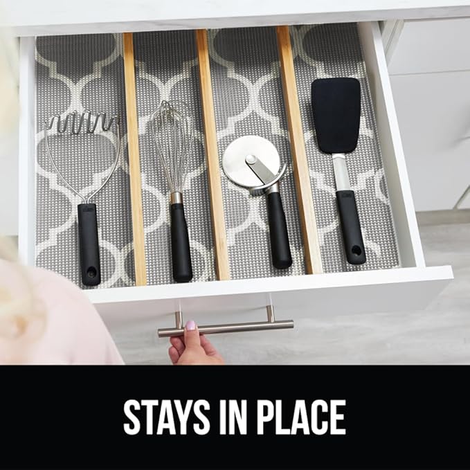 GORILLA GRIP powerGRIP Drawer Shelf and Cabinet Liner, Thick Strong Hold, Non-Adhesive Liners Protect Kitchen Cabinets and Cupboard, Bathroom Drawers, Easy Install, Breathable Mat, 17.5" x30', Gray