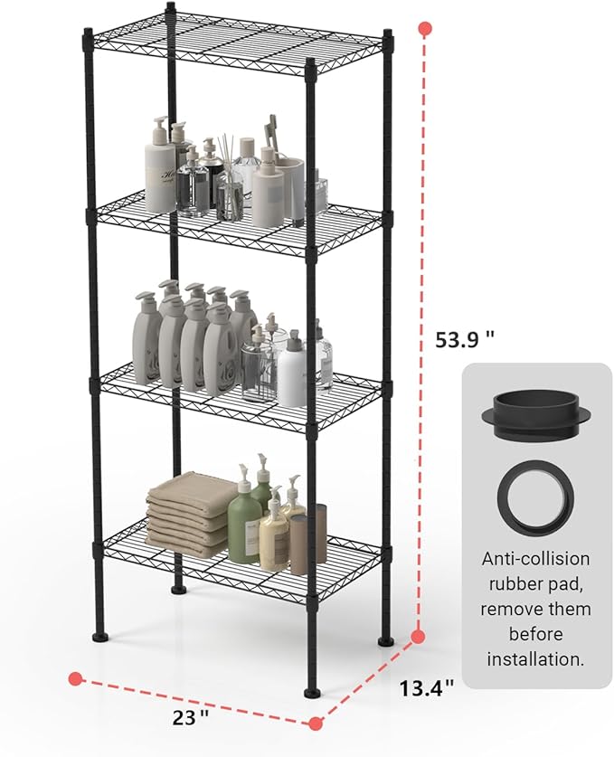 4 Tier Shelving Unit, 176 LBS Per Shelf Height Adjustable Narrow Storage Shelves, Heavy Duty Metal Garage Metal Shelves for Kitchen, Restaurant, Pantry, Laundry, Black
