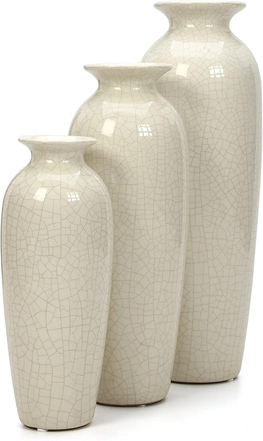 Hosley Set of 3 Crackle Ivory Ceramic Vases. Ideal Gift for Floral Arrangements Wedding or Special Occasions for Use in Home Office Decor Spa Aromatherapy Settings
