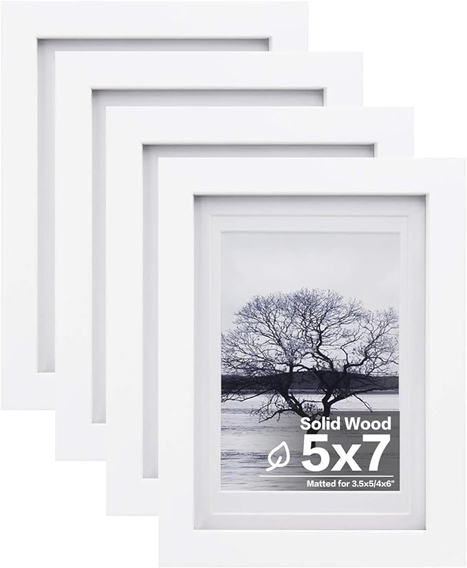 Egofine 5x7 Picture Frames Set of 4, Made of Solid Wood Covered by Plexiglass 3.5x5 and 4x6 with Mat or 5x7 without Mat, for Table Top Display and Wall Mounting Photo Frame White