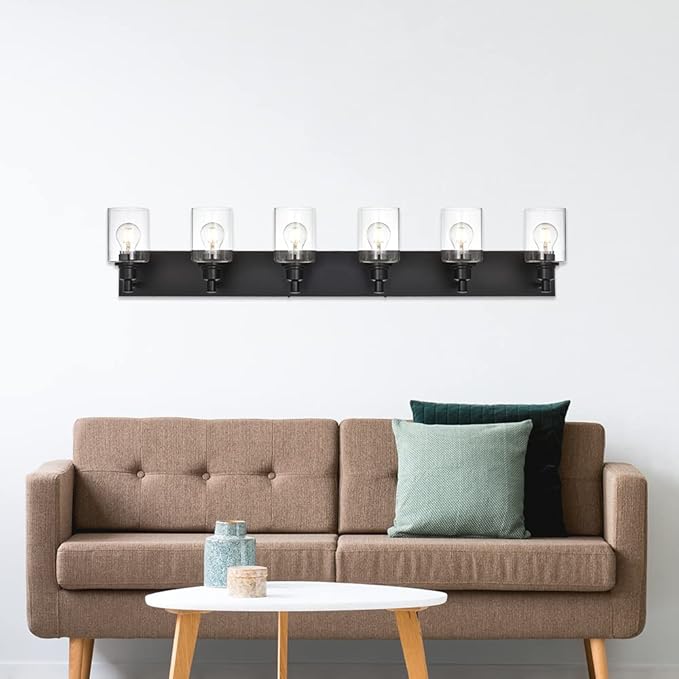 6-Lights Vanity Lights for Bathroom with Clear Glass Shades, Black Bathroom Light Fixtures Over Mirror for Bedroom Hallway (E26 Bulb Base)