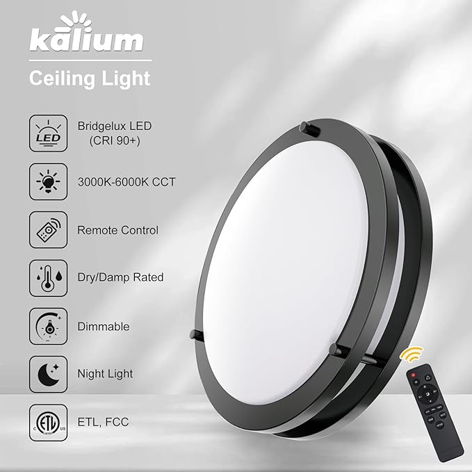 Kalium LED Ceiling Light with Remote 12 Inch Flush Mount Ceiling Light Fixture, 18W 3000K-6000K Adjustable Color Temperature, Dimmable Lighting Fixtures for Kitchen Bedroom Hardwired Installation