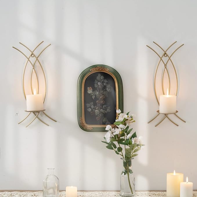 Wall Sconce Gold Wall-Mount Metal Iron Wall Candle Sconce Holder Hanging Art Home Decoration Wall Mounted Decorative Candle Holder, Set of 2