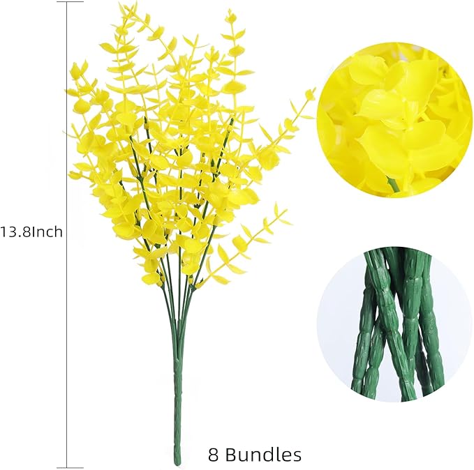 RECUTMS Artificial Flowers, Fake Outdoor UV Resistant Plants Faux Plastic Greenery Shrubs Indoor Outside Hanging Planter Home Kitchen Office Wedding, Garden Decor(Pure Yellow Eucalyptus)