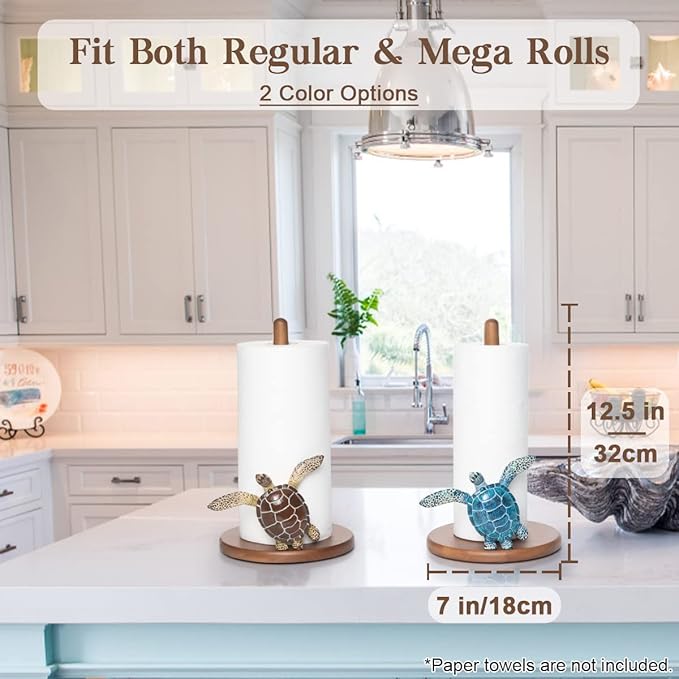 Turtle Paper Towel Holder - Decorative Paper Towel Holders Wooden Cute Decor Sea Turtle Gifts for Women Wood Kitchen Countertop Stand Unique Funny Animal Coastal Ocean Beach House Home Beachy