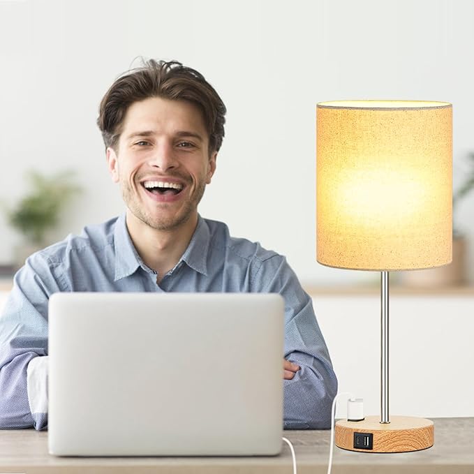 Lynnoland Touch Wood Table Lamps Set of 2, Bedroom Lamps with 2 USB AC Outlet, 3-Way Dimmable Bedside Nightstand Lamps for Bedroom Living Room Nursery, 800 Lumens 2700K Bulbs Included