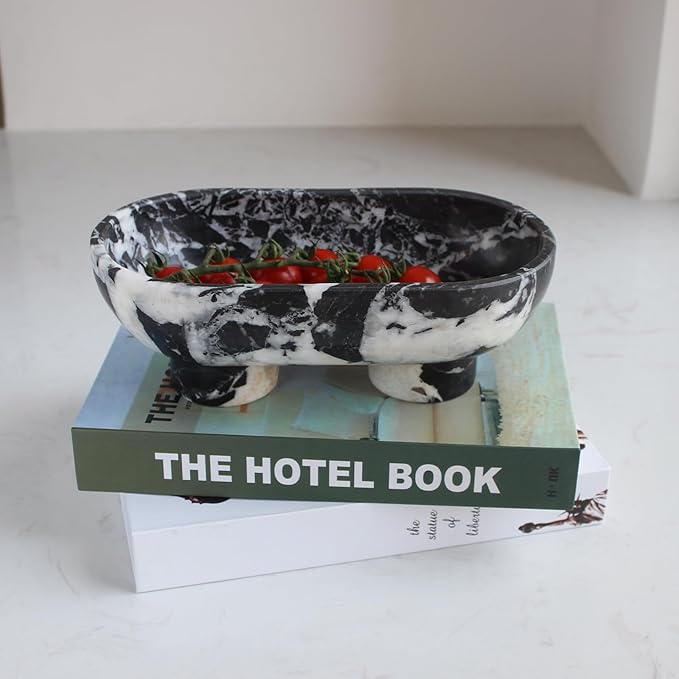 Natural Oval Calacatta Black Marble Fruit Bowl for Kitchen Counter 10", Large Decorative Bowl Two-Legs for Home Decor, Fruits Holder For Dining Table - Kitchen Organization