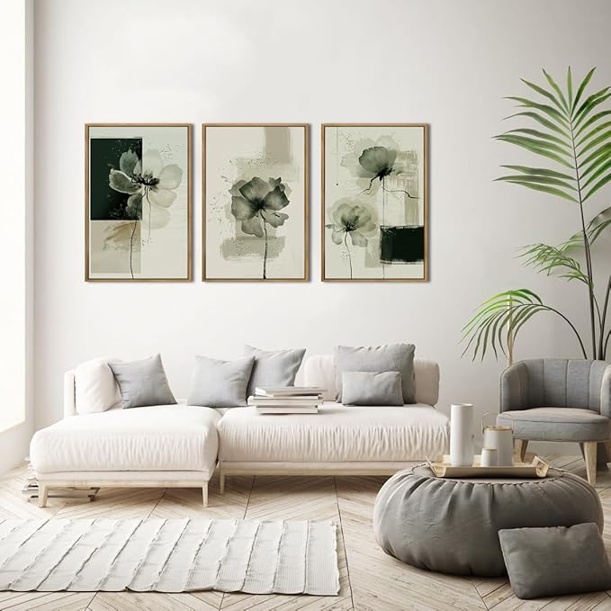 ANHUIB Black Neutral Floral Wall Art 16x24 Inch Abstract Flower Wall Decor Waterolor Painting Set of 3 for Living Room Bedroom Bathroom