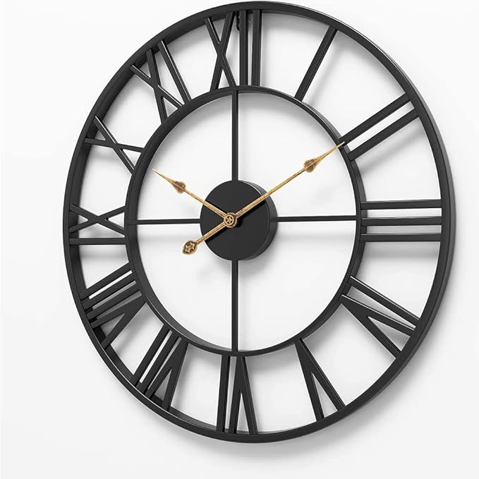 Large Industrial Wall Clock with Roman Numerals, Indoor Silent Non-Ticking Retro Clock, Vintage Metal Decorative Black Metal Art Clock Battery Operated for Home Kitchen Cafe Hotel Office Decor