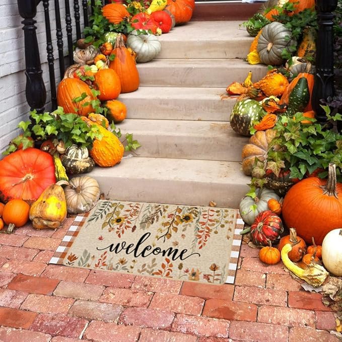 ORTIGIA Welcome Fall Doormat Eucalyptus Leaves Sunflowers Door Mats Indoor Outdoor Patio Non-Slip Durable Entrance Floor Mat for Farmhouse Home Entrance, Outside, Yard, Patio 17x36 Inch