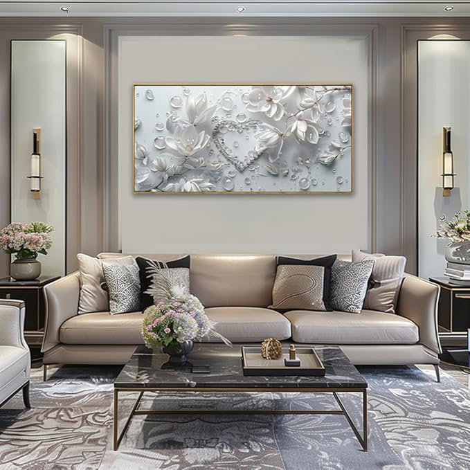 Wall Art Modern Flowers Artwork Love Heart Wall Decor White Canvas Prints for Living Room Bedroom Dining Room Home Office Decor Large Framed Ready to Hang 24"x48"