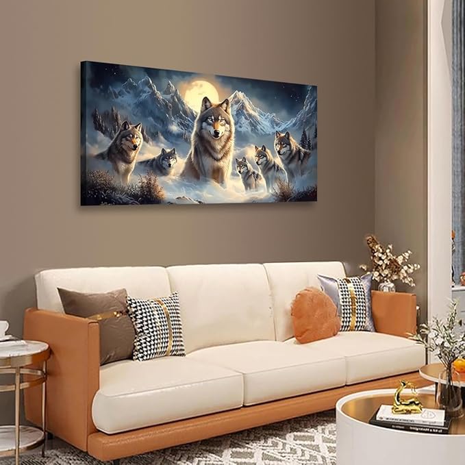 Wolf Pack Pictures Canvas Wall Art for Living room Office Bedroom Wall Decor, Moon Wall Art Print Paintings Modern The Wolf Gray Zoon Artwork Waterproof Ready to Hang-20x40inch