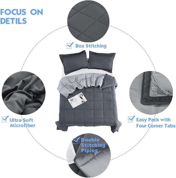 HIG 3pc Gray Twin/Twin XL Comforter Set - All Season Reversible Down Alternative Comforter with Two Sham - Quilted Duvet Insert with Corner Tabs - Box Stitched Blanket - Breathable, Soft