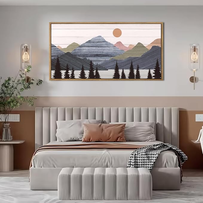 Framed Mountain Wall Art Pine Tree Forest Wall Decor Modern Mountain Range Painting 20x40 Inch for Living Room Bedroom Dining Room
