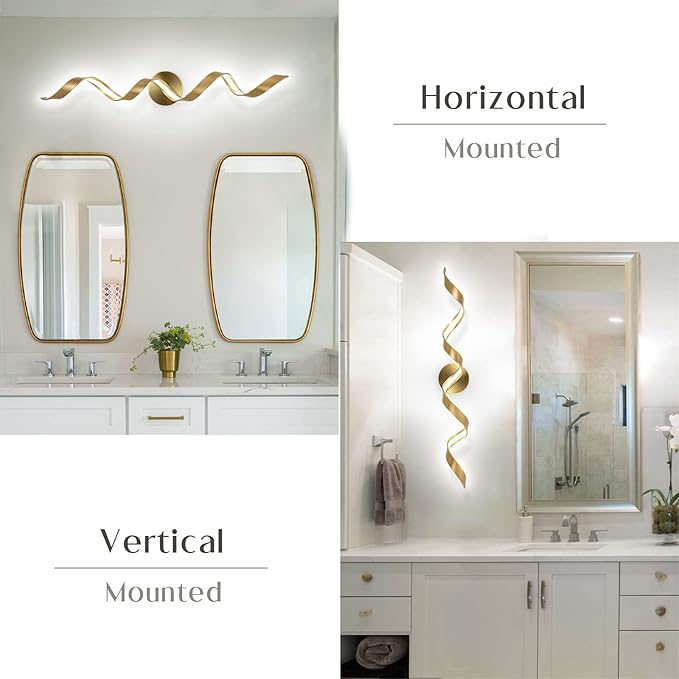 Dimmable Modern LED Bathroom Vanity Light 32 inch, 20W Spiral Design Gold Wall Light Fixtures for Bathroom, Living Room and Hallway, 6000K White Light