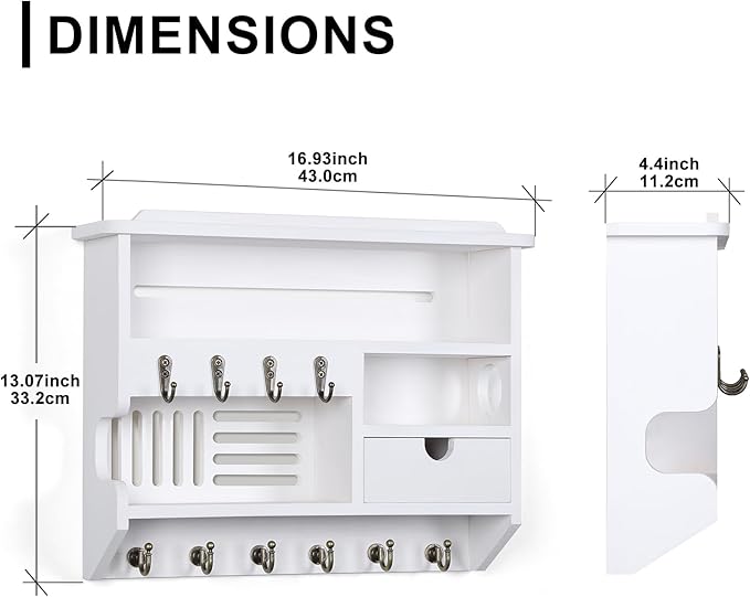 Key Holder for Wall, Mail Organizer Wall Mount with Storage Drawer and 10 Hooks, Easy Installation Key Holder Wall Mount for Home Decor, White