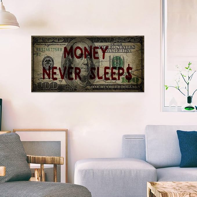 Canvas Money Wall Art Money Never Sleeps Inspirational Dollar Artwork Poster Canvas Painting Framed Ready to Hang-40x20 inches
