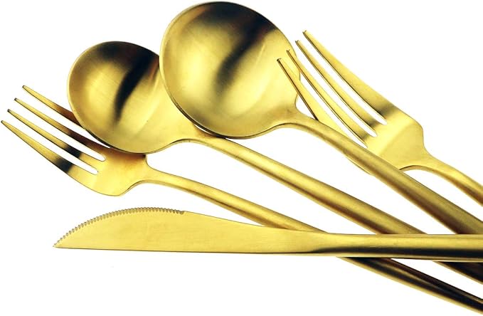 Gugrida Gold Flatware, Royal 20 Piece Luxury Matte Finish 18/10 Stainless Steel Tableware Sets for 4 Including Forks Spoons Knives, Camping Silverware Travel Utensils Set Cutlery (Gold)