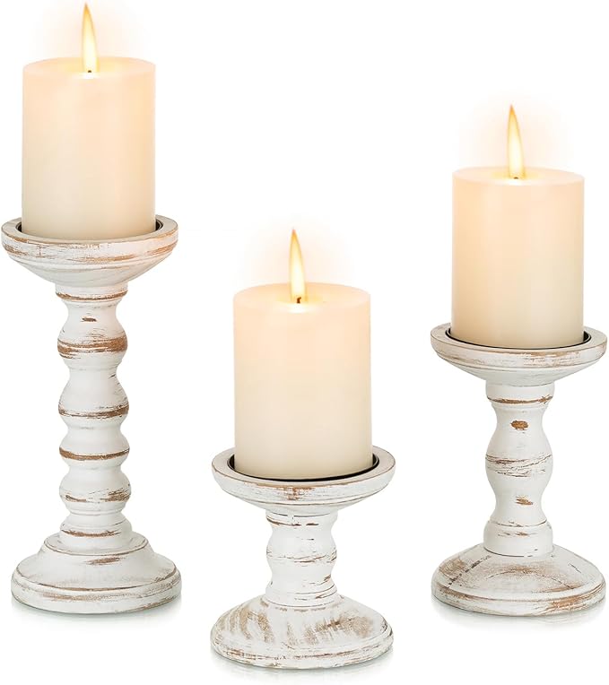 Wood Candle Holders for Pillar: Rustic Candles Holder Set of 3 Tall Table Centerpiece Decor Wooden White Farmhouse Decorations for Fireplace Mantle