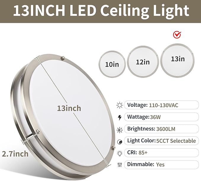 13Inch 36W Ceiling Light Fixtures 2 Packs, 5CCT LED Flush Mount Ceiling Mount Lights 2700K 3000K 4000K 5000K 6500K, Dimmable Close to Ceiling Lighting for Bathroom Kitchen Stairwell Bedroom, Nickel