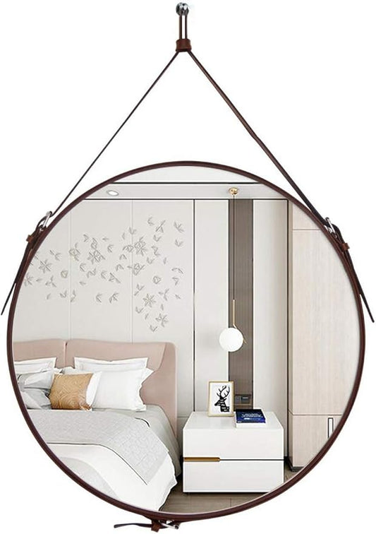 HofferRuffer Round Wall Mirror Decorative Mirror, Hanging Mirror with Hanging Strap Silver Hardware Hooker/Hanger (Brown, 23.6'')