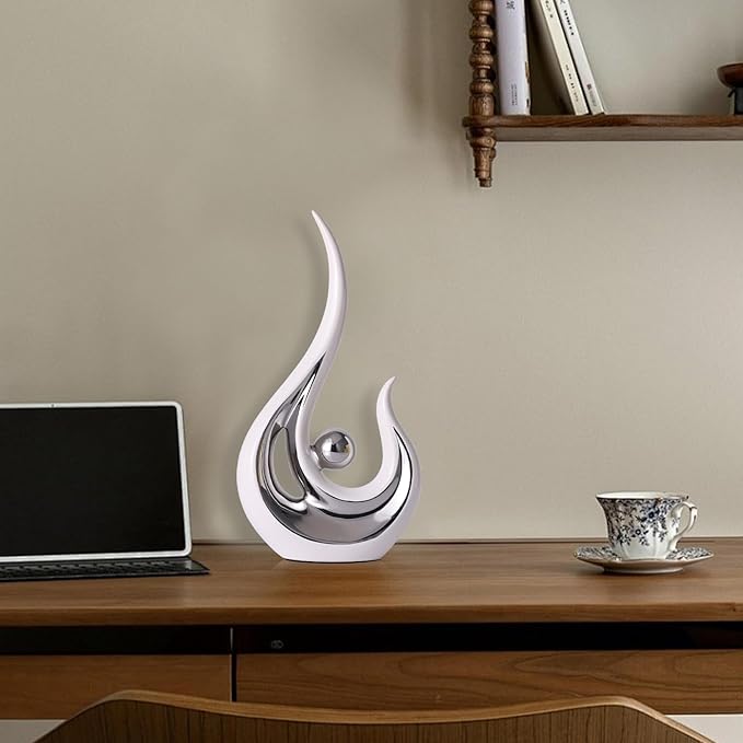 LCCCK White Silver Abstract Figurine Statues for Home Decor – Modern Ceramic Sculpture Accent, Decorative Statues for Living Room, Shelf, TV Stand, Office or Coffee Table Centerpiece Art Decoration